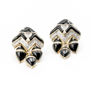 Estate 18K Gold Onyx & Diamond Fish Earrings