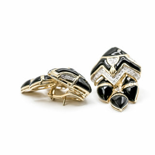 Estate 18K Gold Onyx & Diamond Fish Earrings