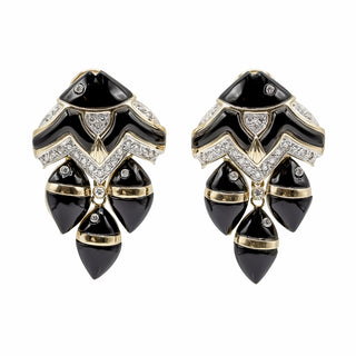 Estate 18K Gold Onyx & Diamond Fish Earrings