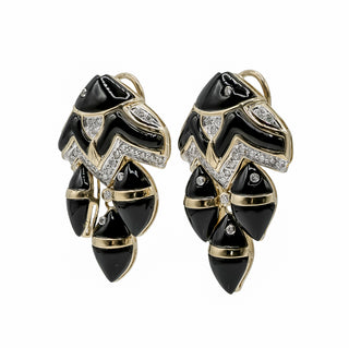 Estate 18K Gold Onyx & Diamond Fish Earrings