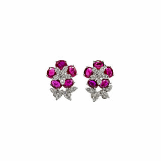 Estate 18K White Gold Ruby & Diamond Flower Earrings