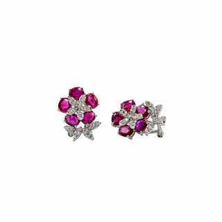 Estate 18K White Gold Ruby & Diamond Flower Earrings