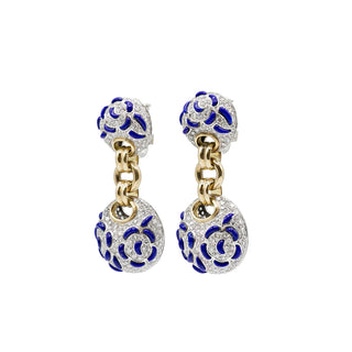 Estate Ambrosi 18K Gold Lapis Lazuli & Diamond Pave Ball Drop Earrings