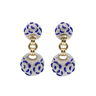 Estate Ambrosi 18K Gold Lapis Lazuli & Diamond Pave Ball Drop Earrings