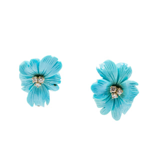 Mid-Century 18K Gold Carved Turquoise Flower Earrings with Diamonds