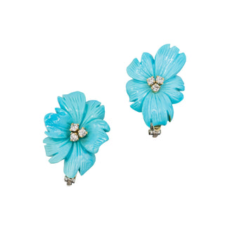 Mid-Century 18K Gold Carved Turquoise Flower Earrings with Diamonds