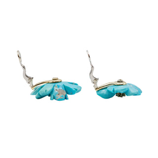 Mid-Century 18K Gold Carved Turquoise Flower Earrings with Diamonds