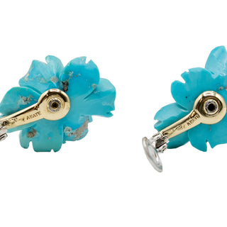 Mid-Century 18K Gold Carved Turquoise Flower Earrings with Diamonds