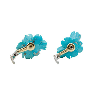 Mid-Century 18K Gold Carved Turquoise Flower Earrings with Diamonds