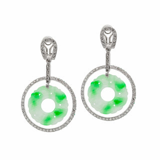 Mid-Century Abate Platinum Carved Jadeite Disc Drop Earrings