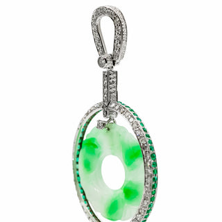 Mid-Century Abate Platinum Carved Jadeite Disc Drop Earrings