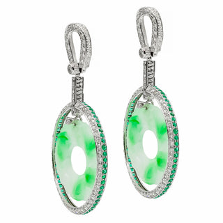 Mid-Century Abate Platinum Carved Jadeite Disc Drop Earrings