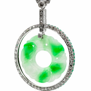 Mid-Century Abate Platinum Carved Jadeite Disc Drop Earrings