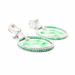 Mid-Century Abate Platinum Carved Jadeite Disc Drop Earrings