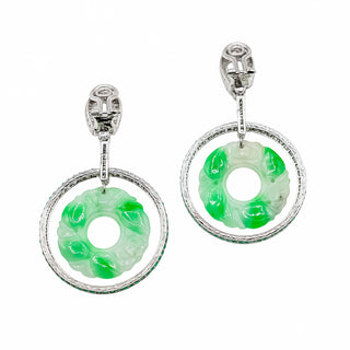 Mid-Century Abate Platinum Carved Jadeite Disc Drop Earrings