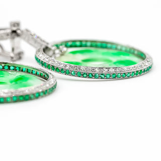 Mid-Century Abate Platinum Carved Jadeite Disc Drop Earrings