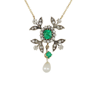 Late Victorian Emerald, Diamond & Pearl Pendant Necklace