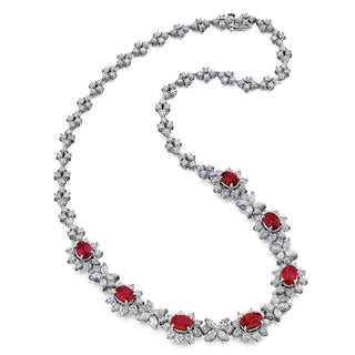 Estate Platinum Oval Ruby and Diamond Cluster Necklace