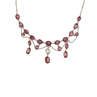 Victorian 9K Gold Rhodolite Garnets Swag Necklace