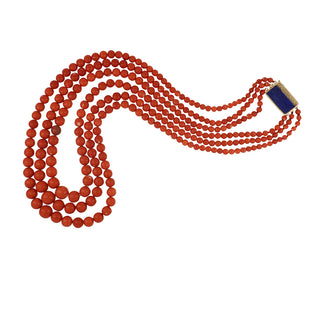 Vintage 1980s 14K Gold Coral Bead Triple Strand Necklace with Lapis Clasp