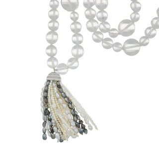 Estate 18K White Gold Rock Crystal, Pearl and Diamond Tassel Necklace