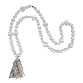 Estate 18K White Gold Rock Crystal, Pearl and Diamond Tassel Necklace