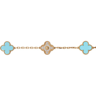 Estate Van Cleef & Arpels 18K Gold Turquoise & Diamond Alhambra Necklace