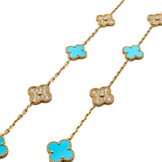 Estate Van Cleef & Arpels 18K Gold Turquoise & Diamond Alhambra Necklace