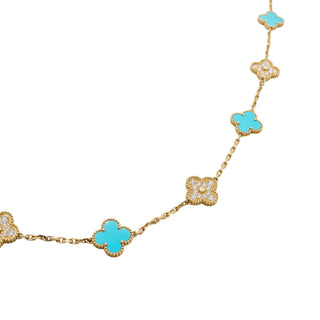 Estate Van Cleef & Arpels 18K Gold Turquoise & Diamond Alhambra Necklace
