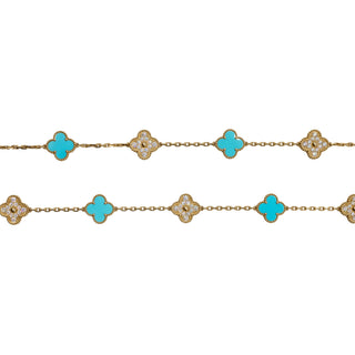 Estate Van Cleef & Arpels 18K Gold Turquoise & Diamond Alhambra Necklace