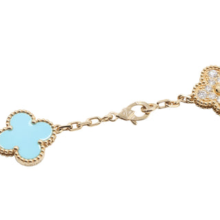Estate Van Cleef & Arpels 18K Gold Turquoise & Diamond Alhambra Necklace
