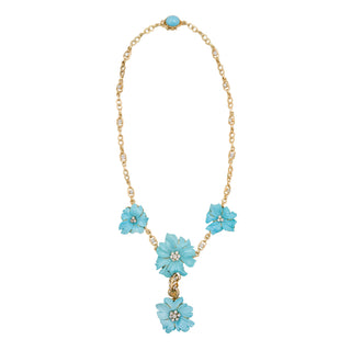 Mid-Century 18K Gold Carved Turquoise Flower Motif Necklace