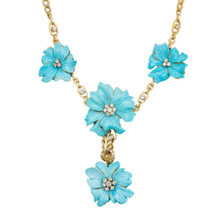 Mid-Century 18K Gold Carved Turquoise Flower Motif Necklace