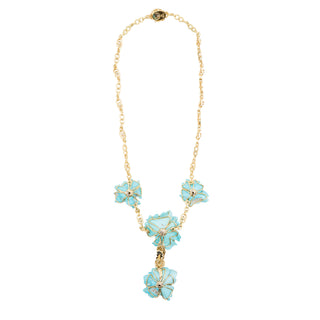 Mid-Century 18K Gold Carved Turquoise Flower Motif Necklace