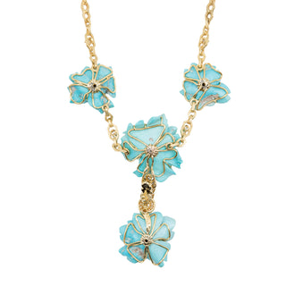 Mid-Century 18K Gold Carved Turquoise Flower Motif Necklace