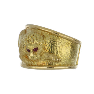 Estate David Webb 18K Gold Repousse Lion Cuff Bracelet with Rubies
