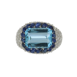 Masterpiece David Webb Couture Platinum Aquamarine, Diamond & Carved Sapphire Latticework Cuff Bracelet