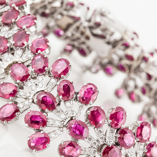 Estate 18K White Gold Ruby and Diamond Fan-Shaped Link Bracelet