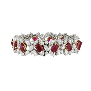 Estate Two-Tone Emerald-Cut Ruby & Diamond Cluster Bracelet