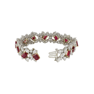 Estate Two-Tone Emerald-Cut Ruby & Diamond Cluster Bracelet