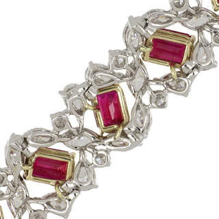 Estate Two-Tone Emerald-Cut Ruby & Diamond Cluster Bracelet