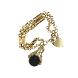 Victorian 9K Gold Gate Bracelet with Heart Padlock and Fob