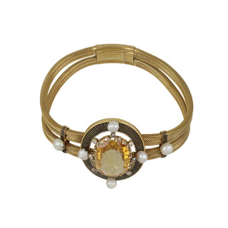 Victorian 18K Gold Topaz, Pearl and Diamond Bracelet with Black Enamel Tracery