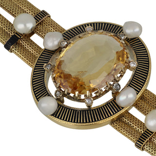 Victorian 18K Gold Topaz, Pearl and Diamond Bracelet with Black Enamel Tracery