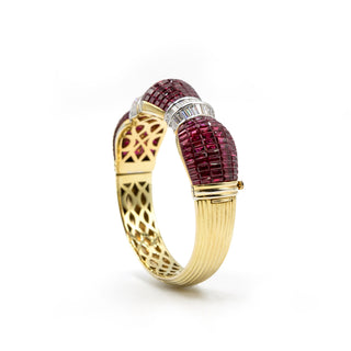 Estate 18K Gold Ruby & Diamond Invisible-Set Bangle Bracelet
