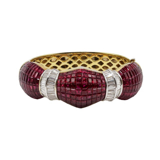 Estate 18K Gold Ruby & Diamond Invisible-Set Bangle Bracelet
