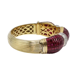 Estate 18K Gold Ruby & Diamond Invisible-Set Bangle Bracelet