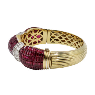 Estate 18K Gold Ruby & Diamond Invisible-Set Bangle Bracelet