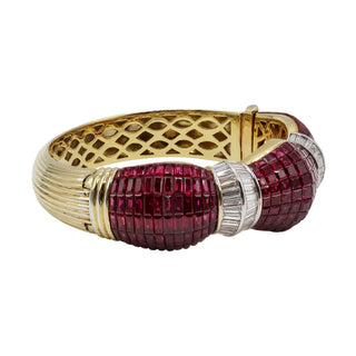 Estate 18K Gold Ruby & Diamond Invisible-Set Bangle Bracelet
