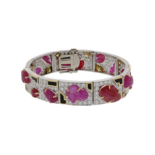 Vintage David Webb Two-Tone Carved Ruby, Diamond and Enamel Bracelet